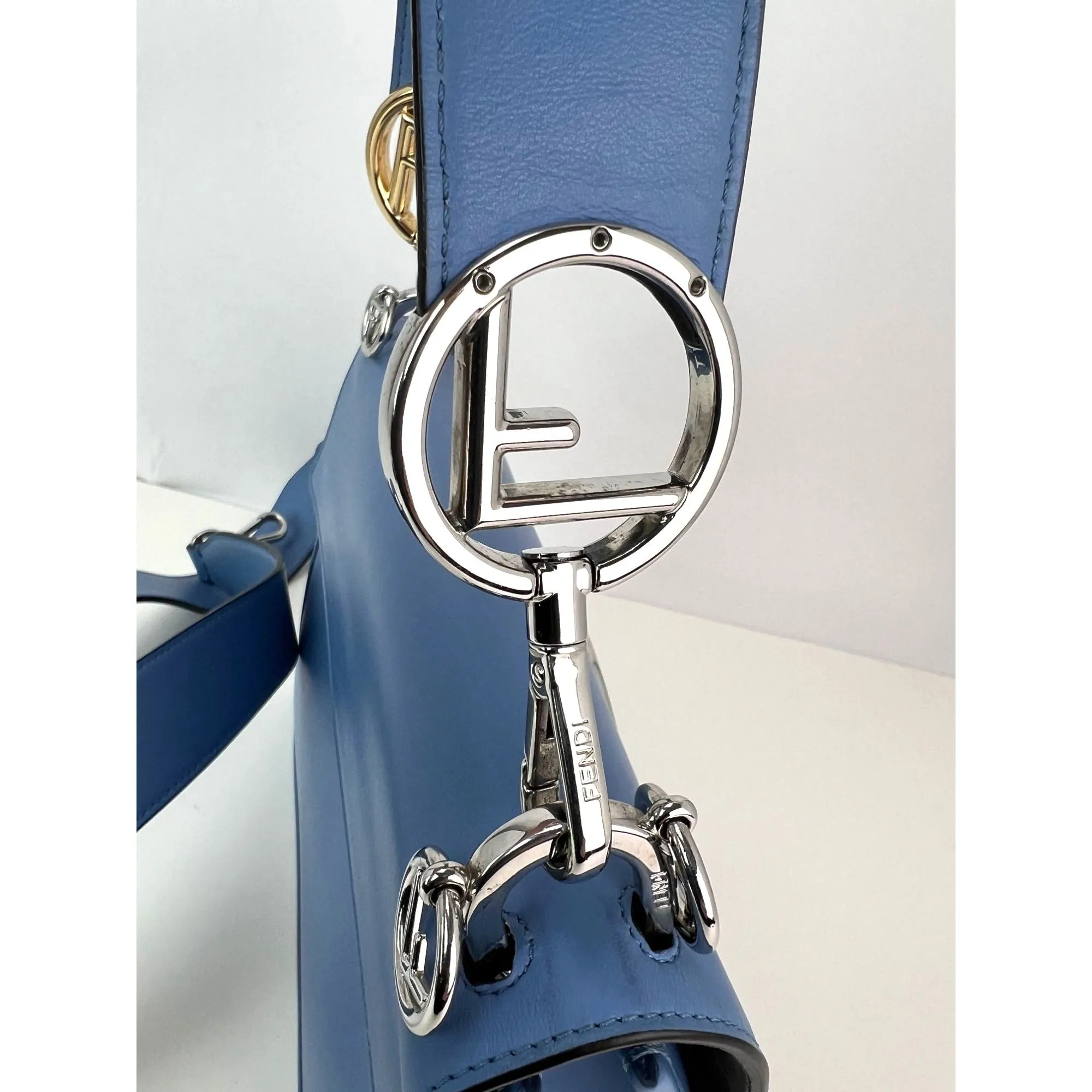 Fendi F Kan 1 Medium Blue Leather Shoulder Hand Bag