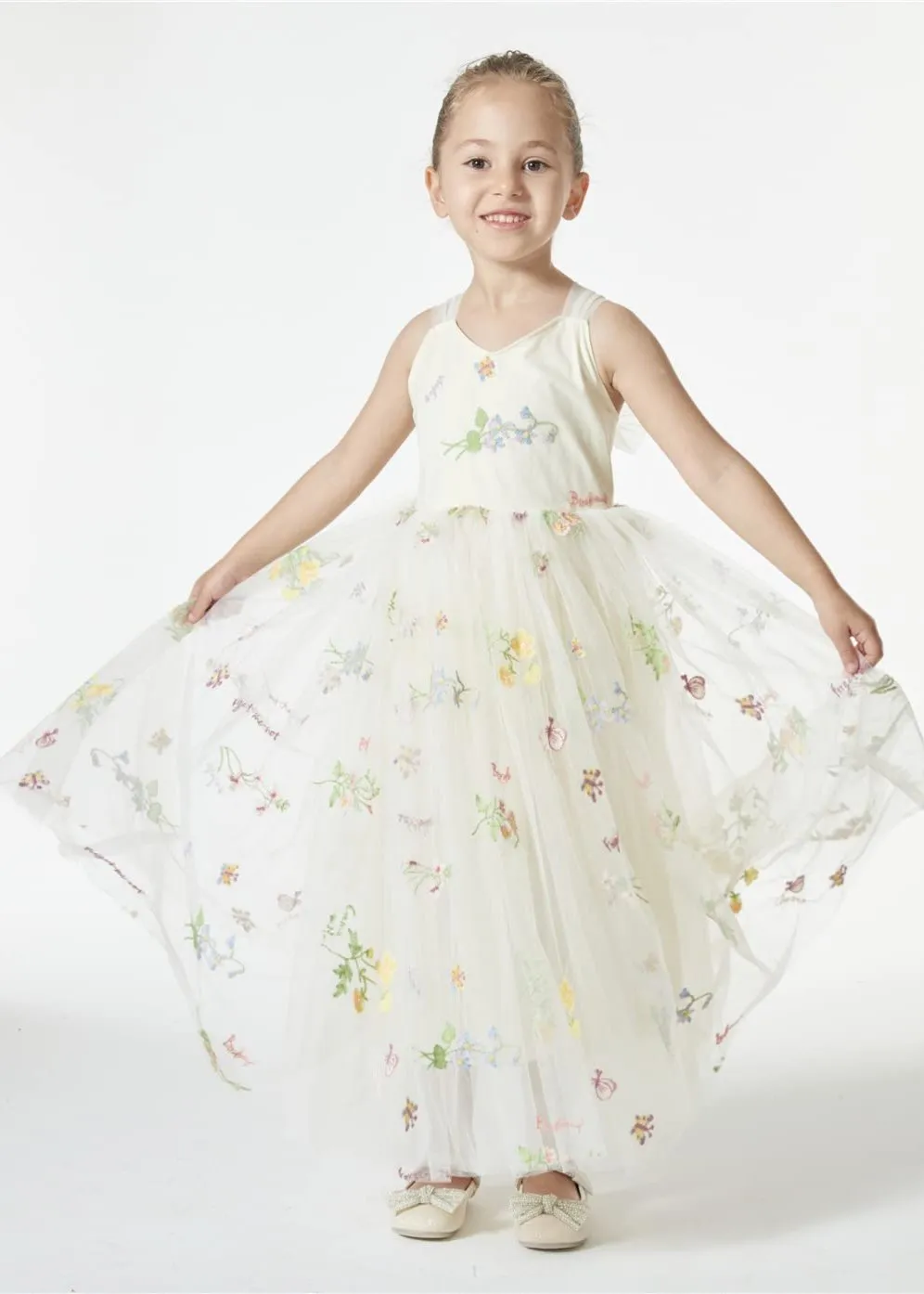 Floral Embroidered Tulle Strap Girl Dress in Ivory