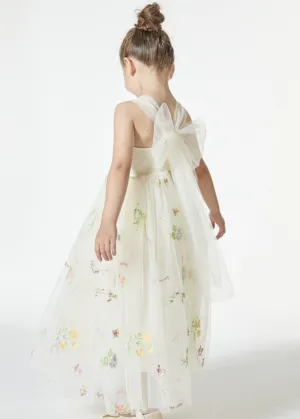 Floral Embroidered Tulle Strap Girl Dress in Ivory