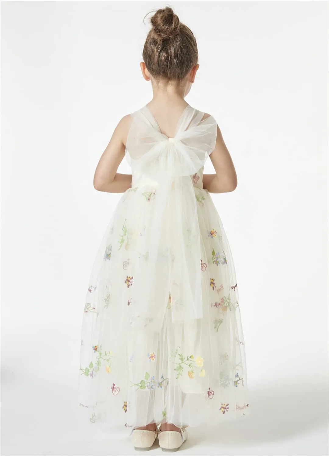 Floral Embroidered Tulle Strap Girl Dress in Ivory