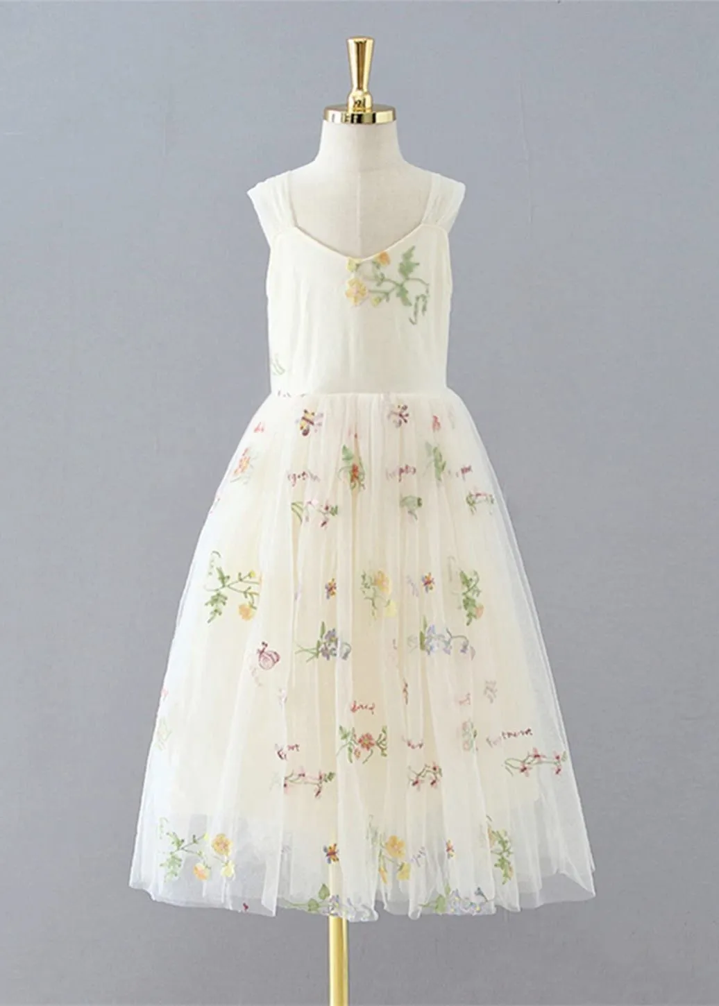 Floral Embroidered Tulle Strap Girl Dress in Ivory