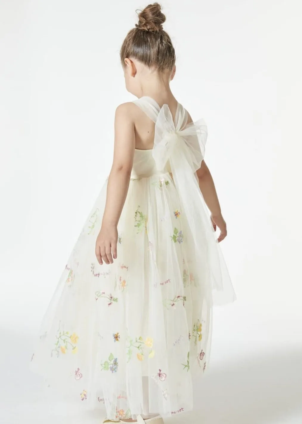 Floral Embroidered Tulle Strap Girl Dress in Ivory