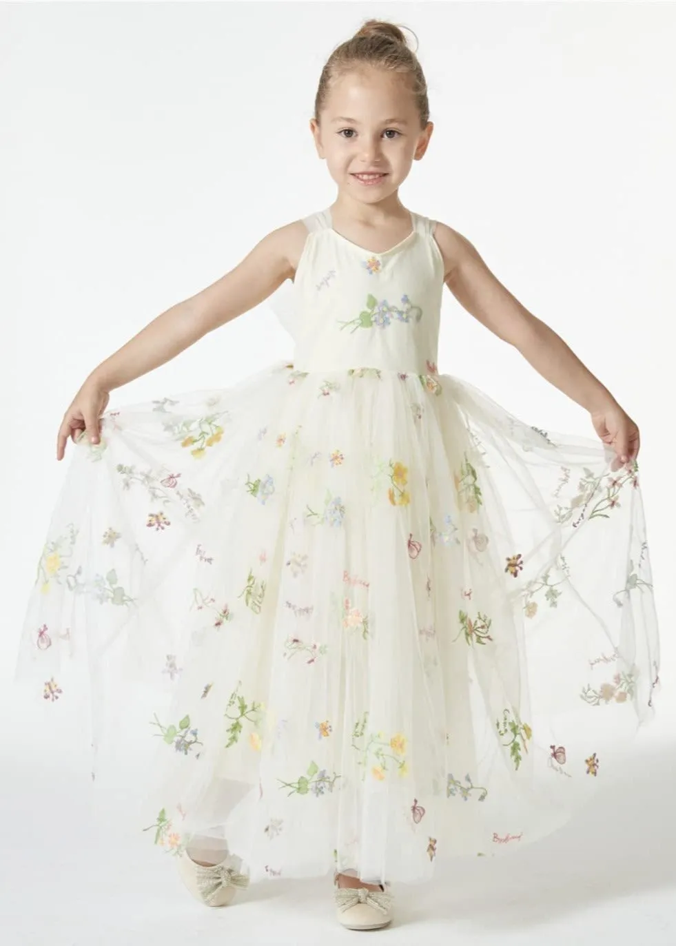 Floral Embroidered Tulle Strap Girl Dress in Ivory