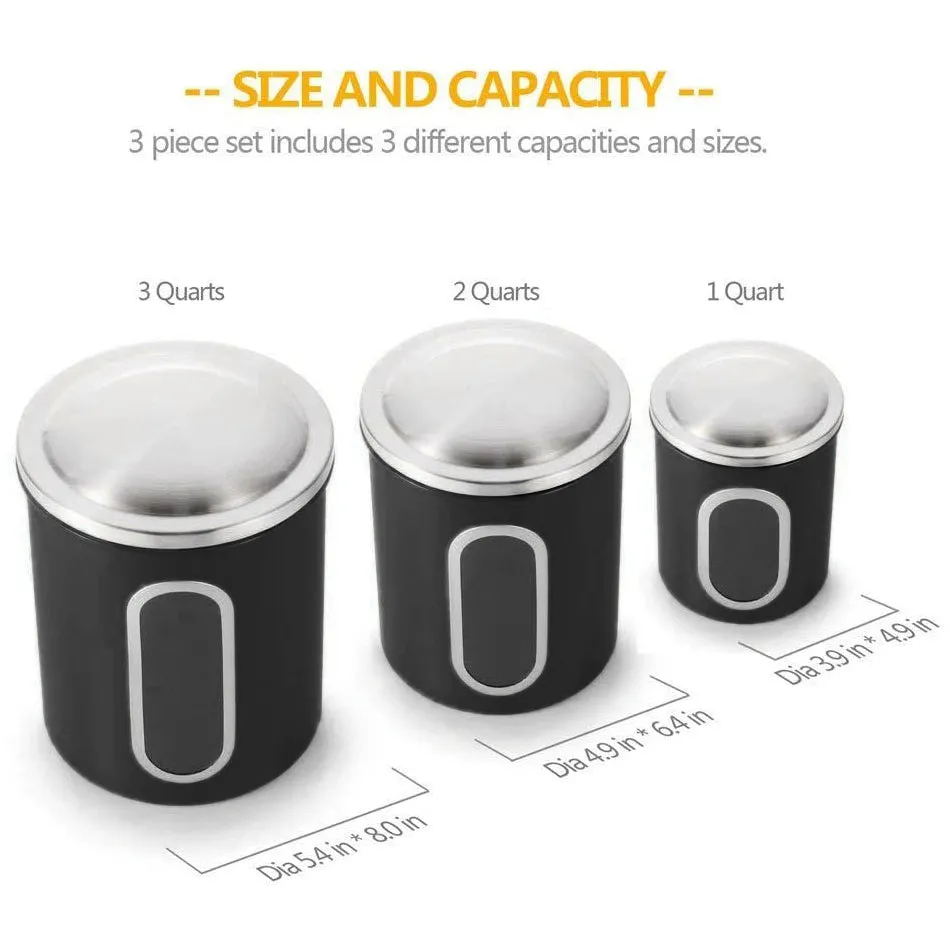 Fortune Candy Stainless Steel Canister Sets with Anti-Fingerprint Lid and Visible Window, Cereal Container Set of 3 (Black)