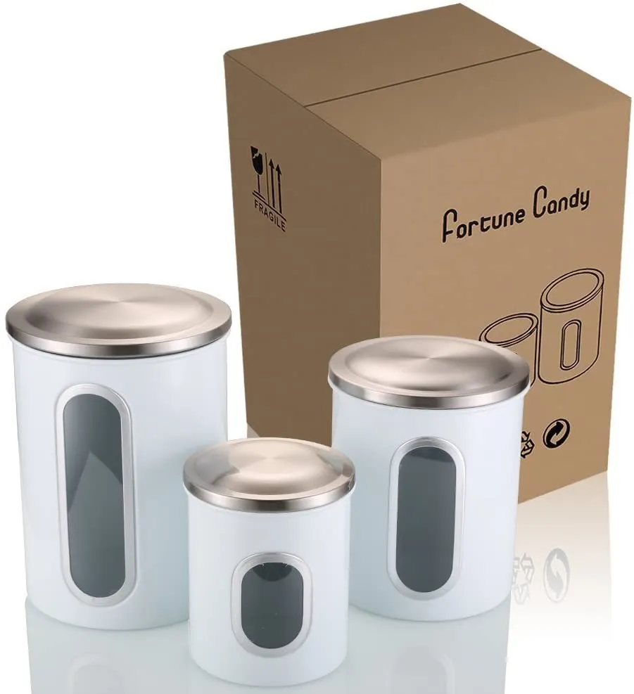 Fortune Candy Stainless Steel Canister Sets with Anti-Fingerprint Lid and Visible Window, Cereal Container Set of 3 (White)