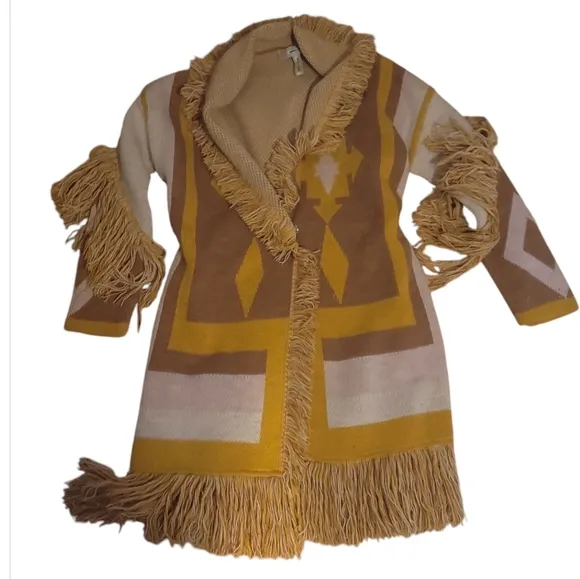 Guess gaia Yellow White longline Knit Sweater coat southwestern jacquard knit xs