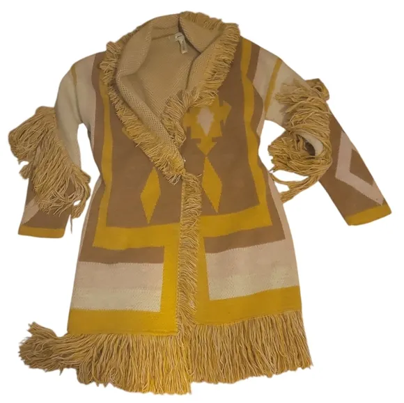 Guess gaia Yellow White longline Knit Sweater coat southwestern jacquard knit xs