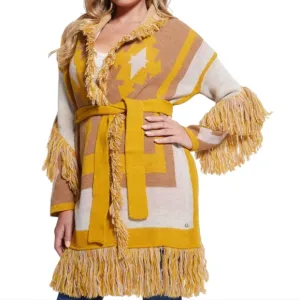 Guess gaia Yellow White longline Knit Sweater coat southwestern jacquard knit xs