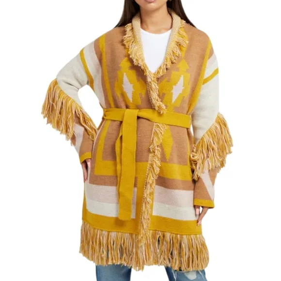 Guess gaia Yellow White longline Knit Sweater coat southwestern jacquard knit xs