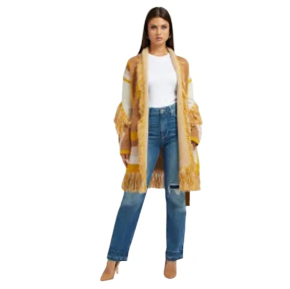 Guess gaia Yellow White longline Knit Sweater coat southwestern jacquard knit xs