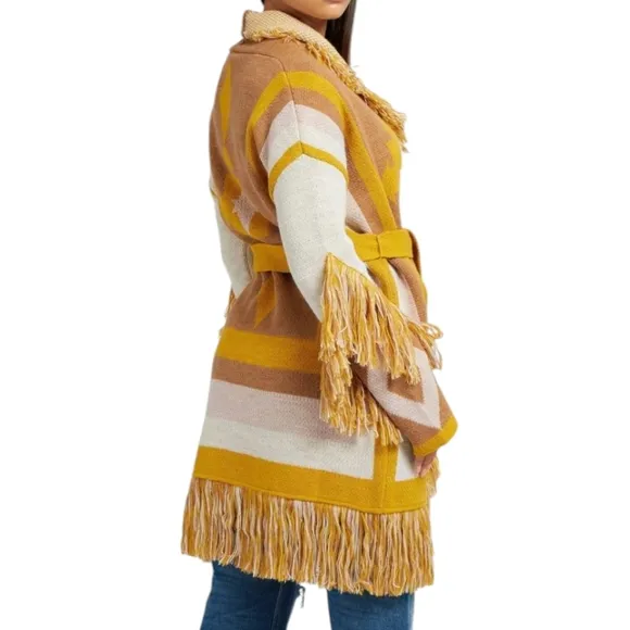 Guess gaia Yellow White longline Knit Sweater coat southwestern jacquard knit xs