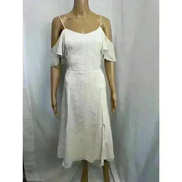 Halston Women's Cold Shoulder Midi A-Line Dress Ivory Sz. 8 100% Cotton 163258