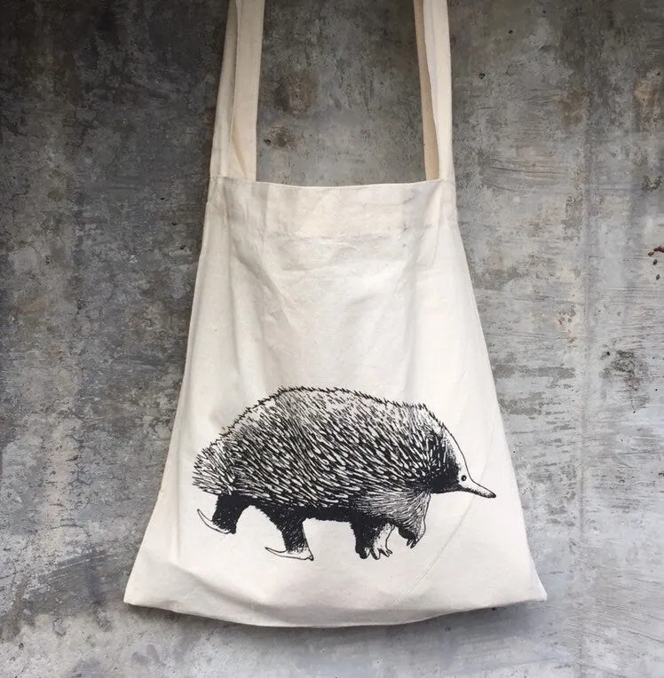 Hand printed echidna shopping bag