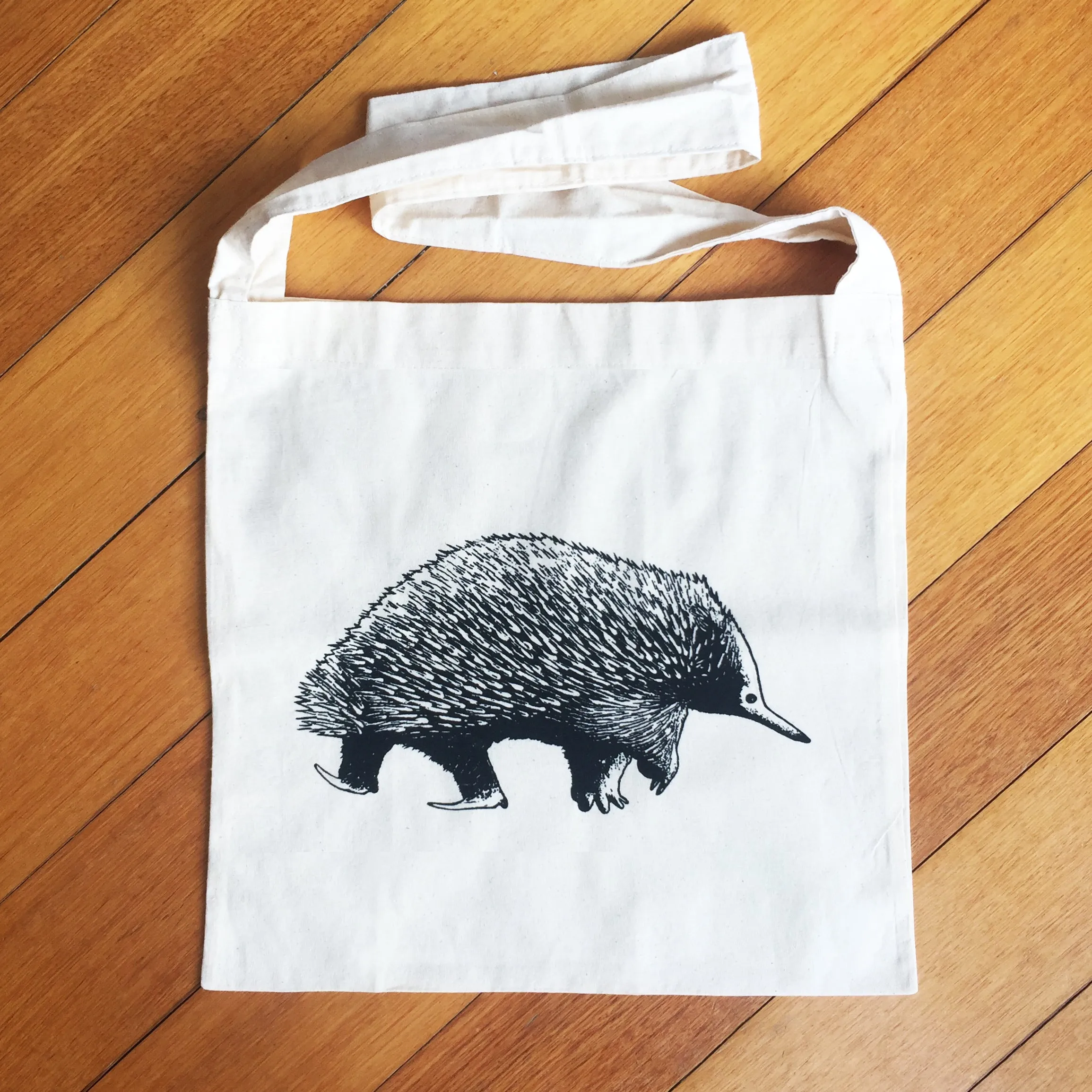 Hand printed echidna shopping bag