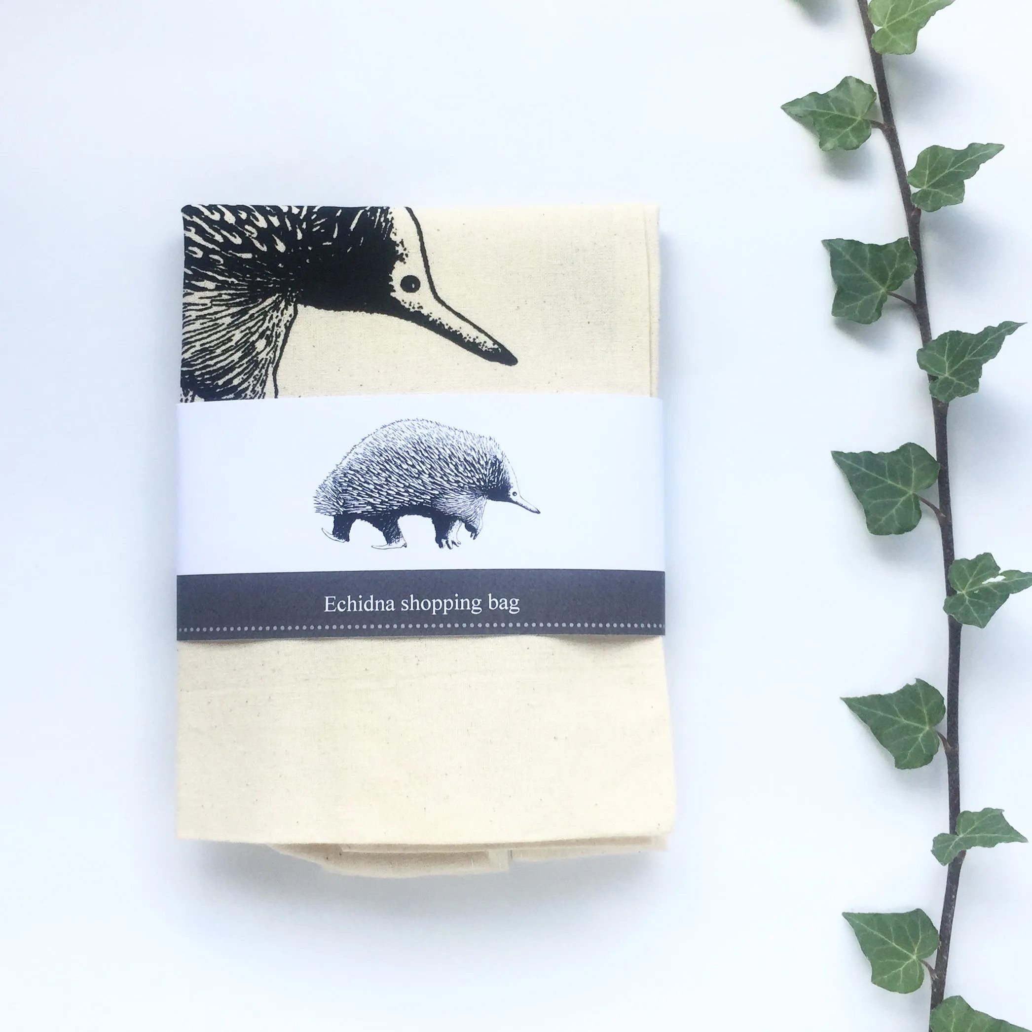 Hand printed echidna shopping bag