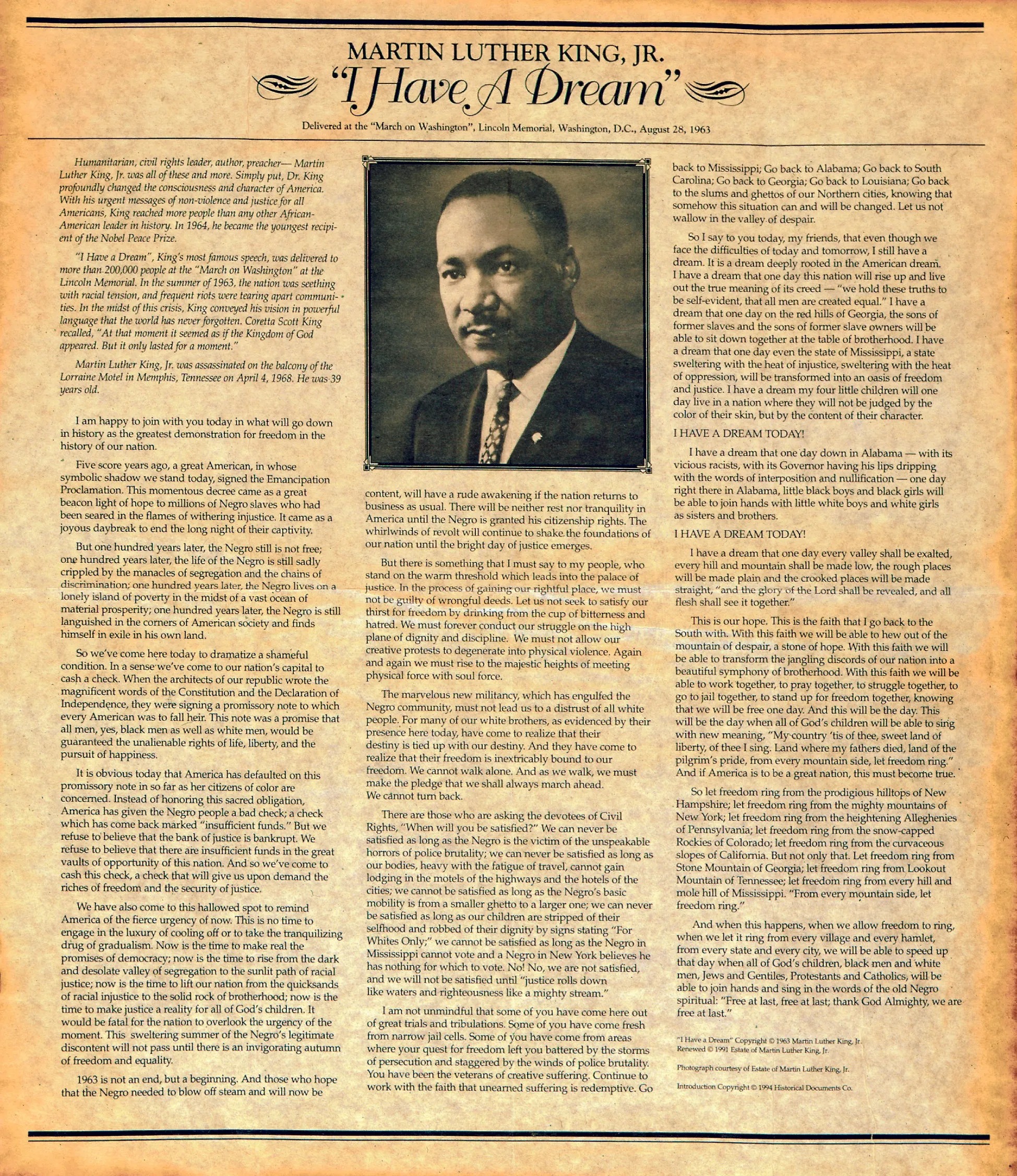 Historical Documents - Martin Luther King, Jr.'s "I Have a Dream 1963".   Item #1492U