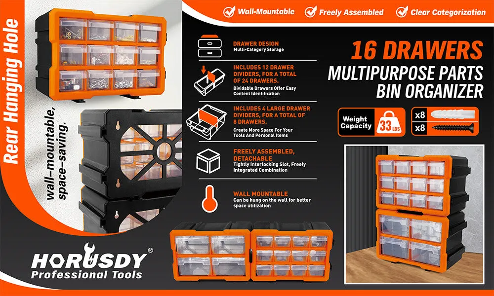 HOURSDY 16-Drawer Modular Parts Organizer - Wall-Mountable & Detachable