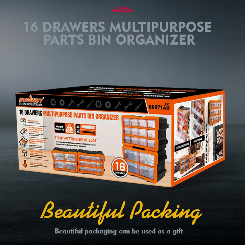 HOURSDY 16-Drawer Modular Parts Organizer - Wall-Mountable & Detachable