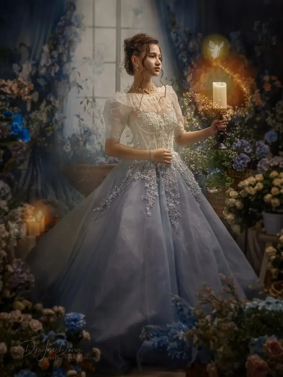 Kate Blue Flower Curtain Window Room Spring Fleece Backdrop Designed by Emetselch