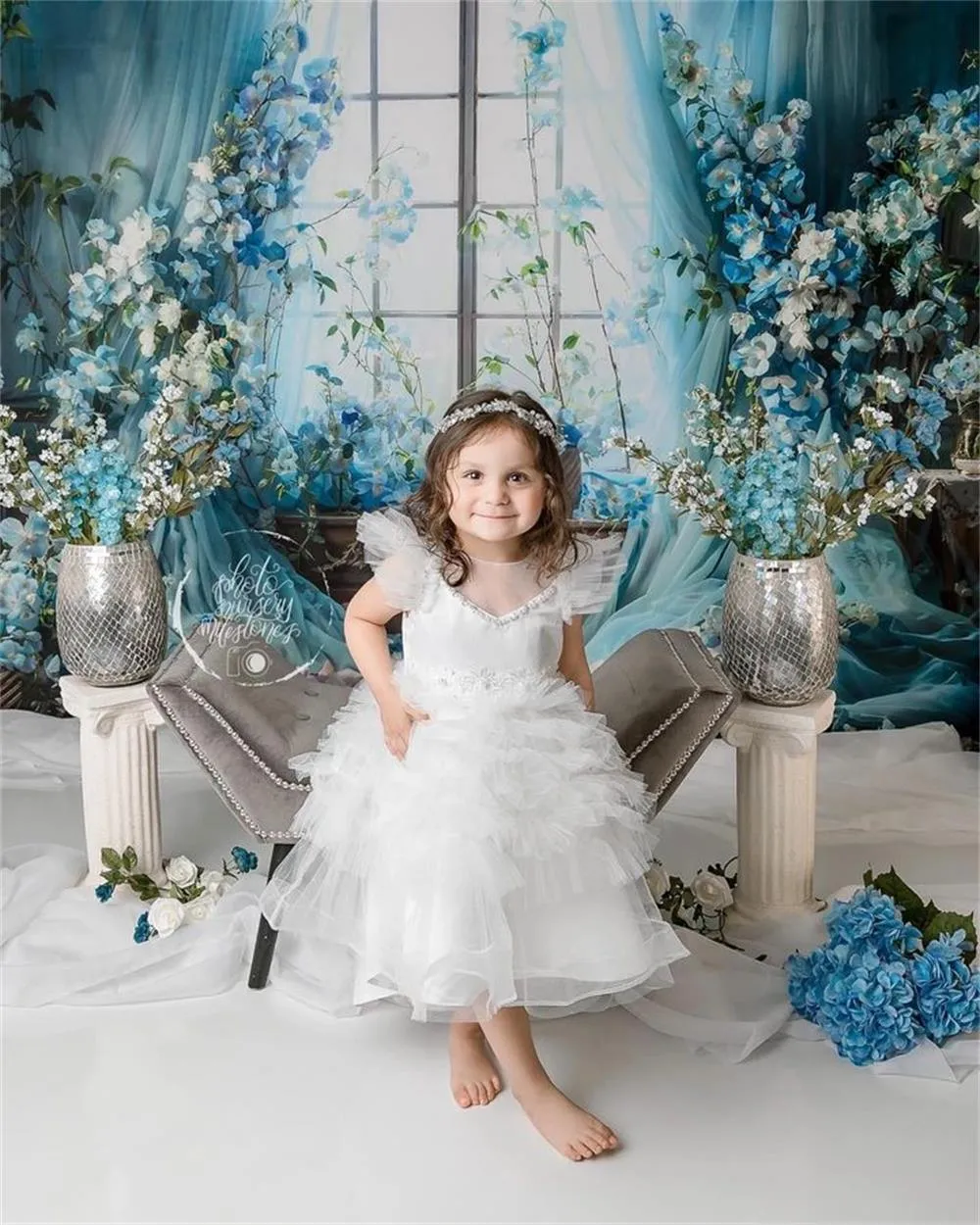 Kate Blue Flower Curtain Window Room Spring Fleece Backdrop Designed by Emetselch
