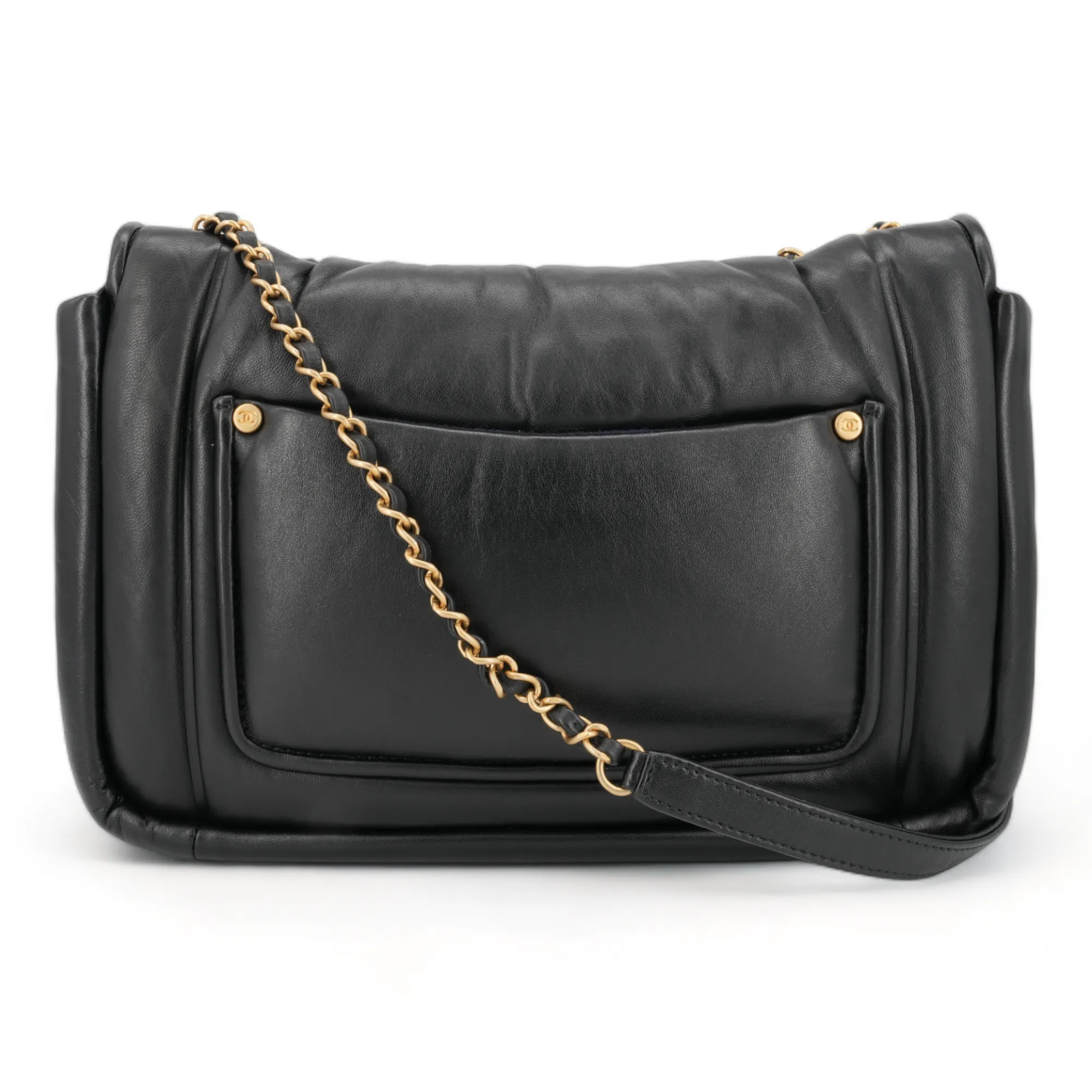 Large Vintage Puffy Flap Bag in Black Lambskin
