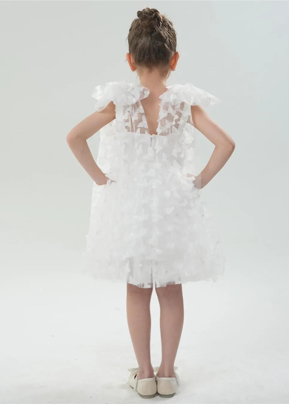 Lily Adjustable Strap Girl Dress in White 3D Butterfly