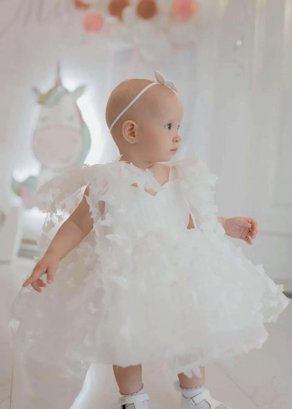 Lily Adjustable Strap Girl Dress in White 3D Butterfly