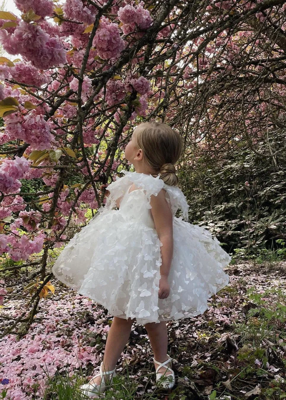Lily Adjustable Strap Girl Dress in White 3D Butterfly