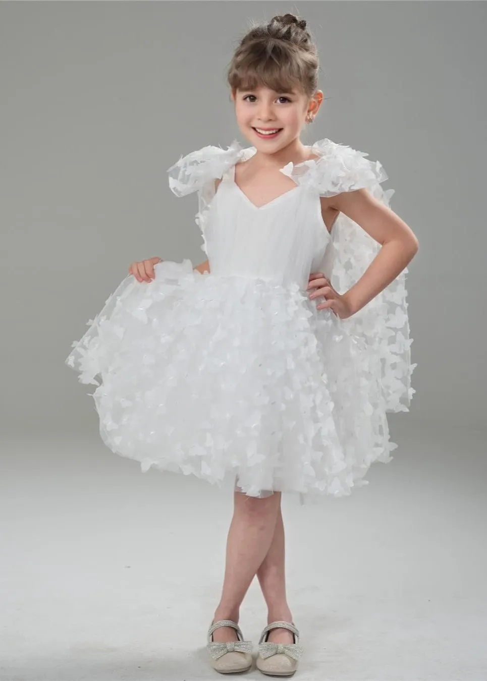 Lily Adjustable Strap Girl Dress in White 3D Butterfly