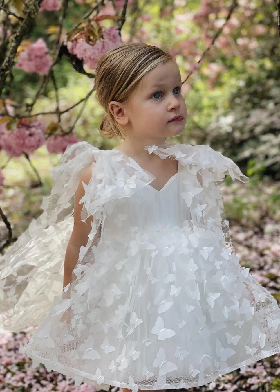 Lily Adjustable Strap Girl Dress in White 3D Butterfly