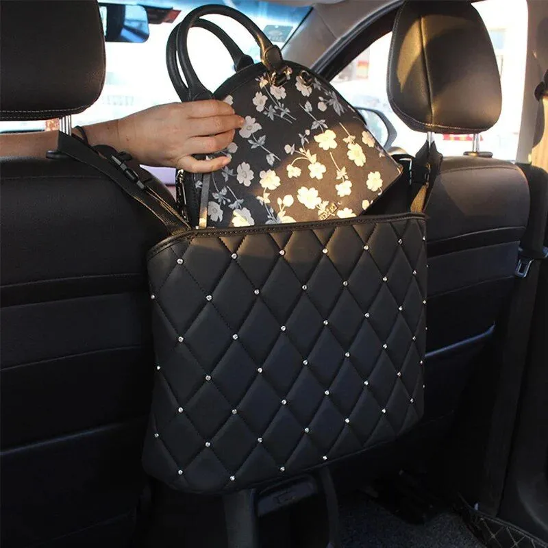 Luxury Crystal Rhinestone Car Seat Organizer with Multi-Pockets