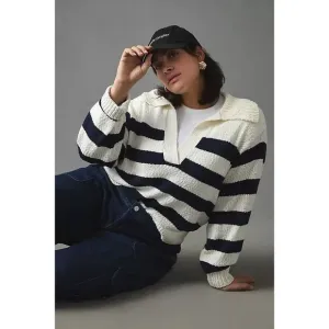 Maeve Anthropologie Striped Polo Jumper Knit Sweater XL Collar Cotton Blend