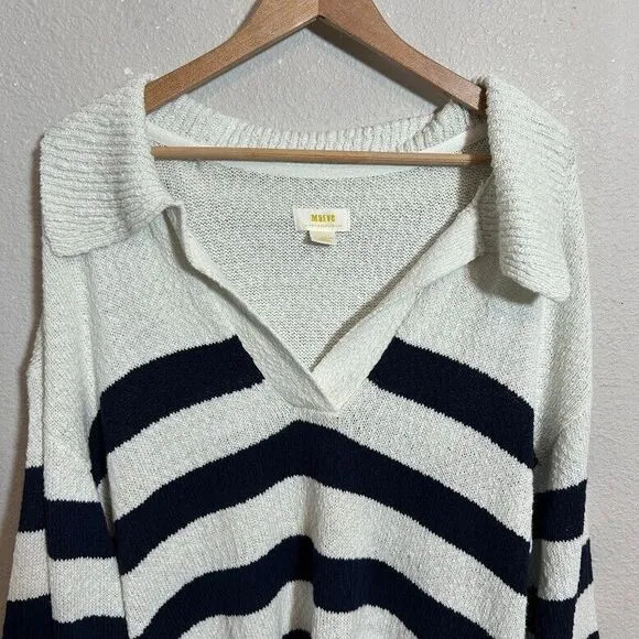 Maeve Anthropologie Striped Polo Jumper Knit Sweater XL Collar Cotton Blend