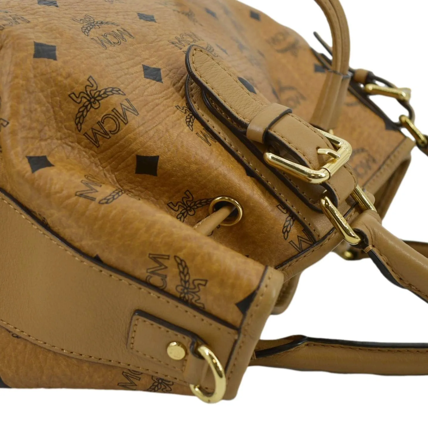 MCM Drawstring Visetos Monogram Print Tote Shoulder Bag Cognac