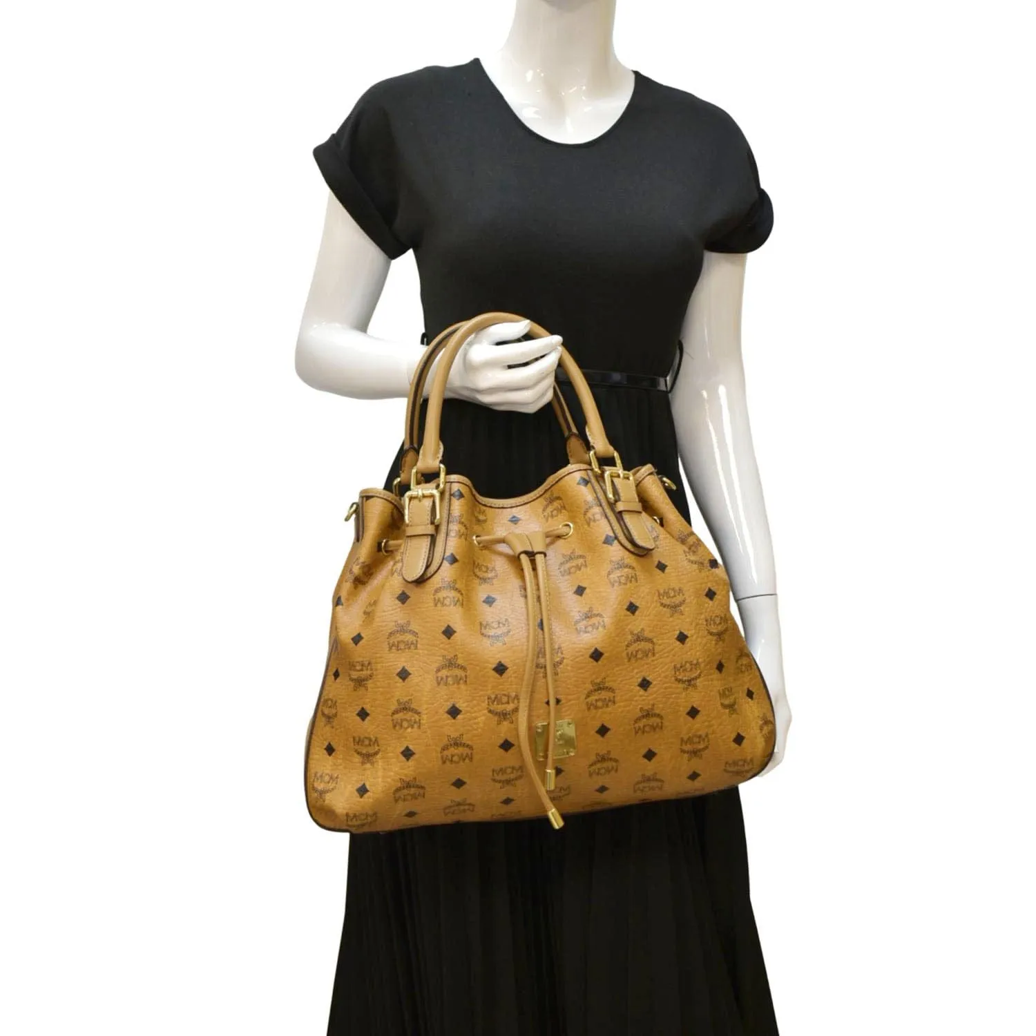 MCM Drawstring Visetos Monogram Print Tote Shoulder Bag Cognac