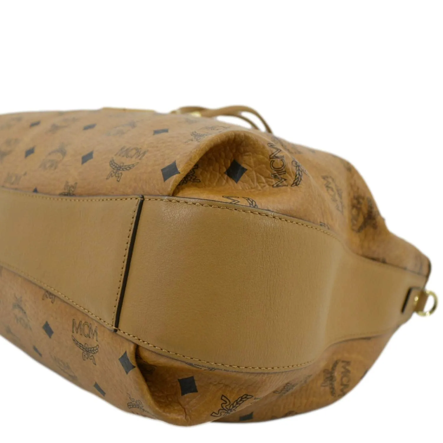 MCM Drawstring Visetos Monogram Print Tote Shoulder Bag Cognac
