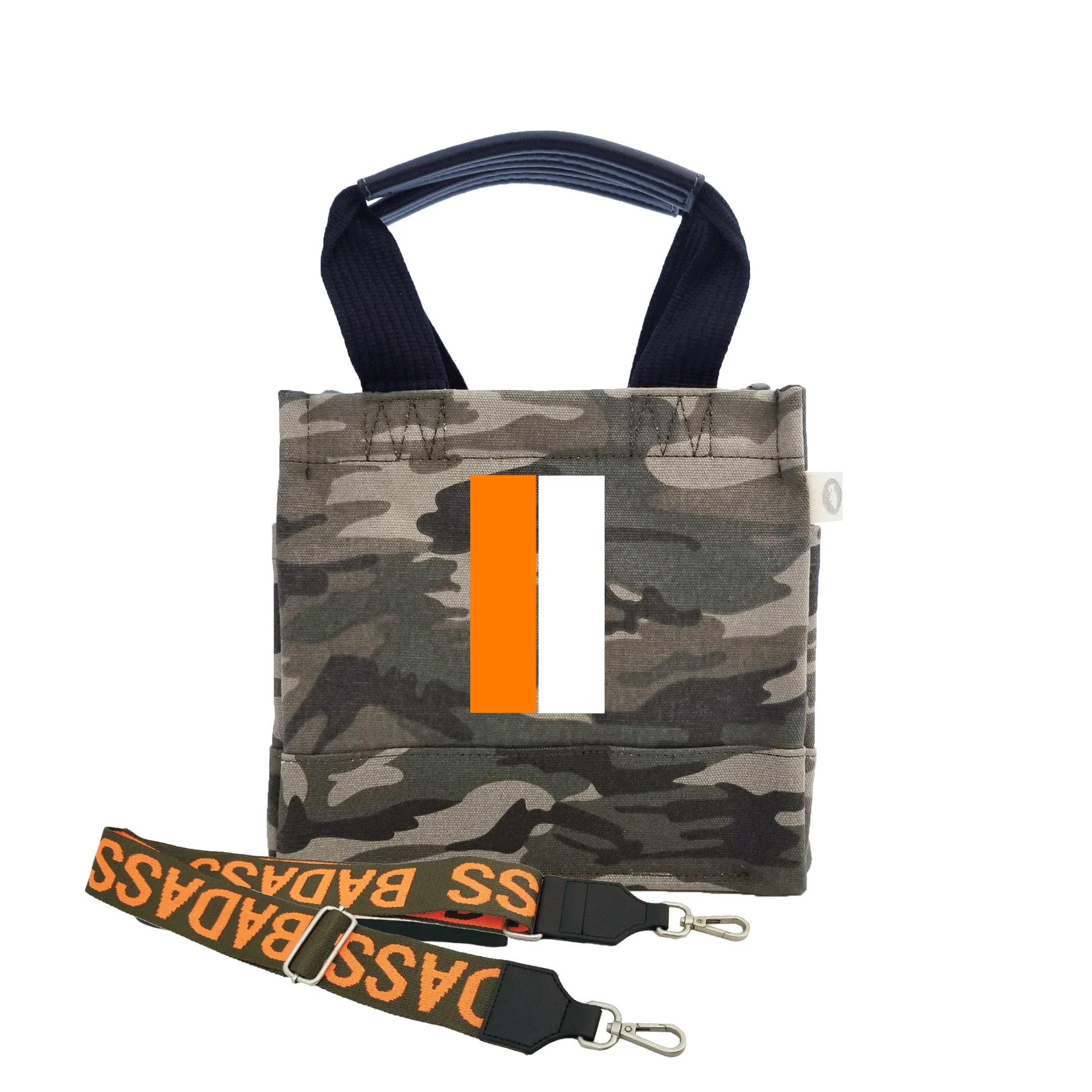 Mini Luxe North South Bag: Green Camouflage with Color Stripes