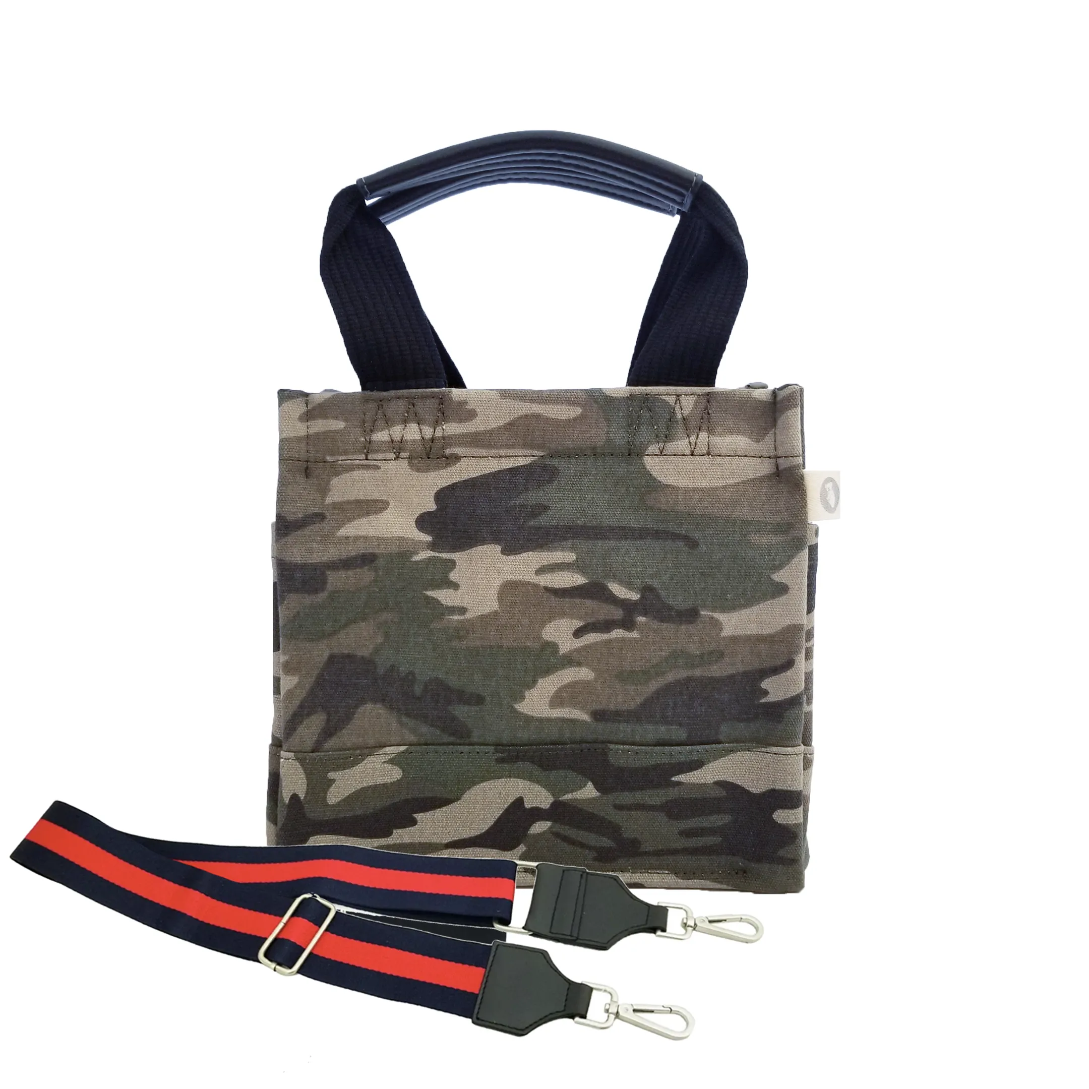 Mini Luxe North South Bag: Green Camouflage with Color Stripes