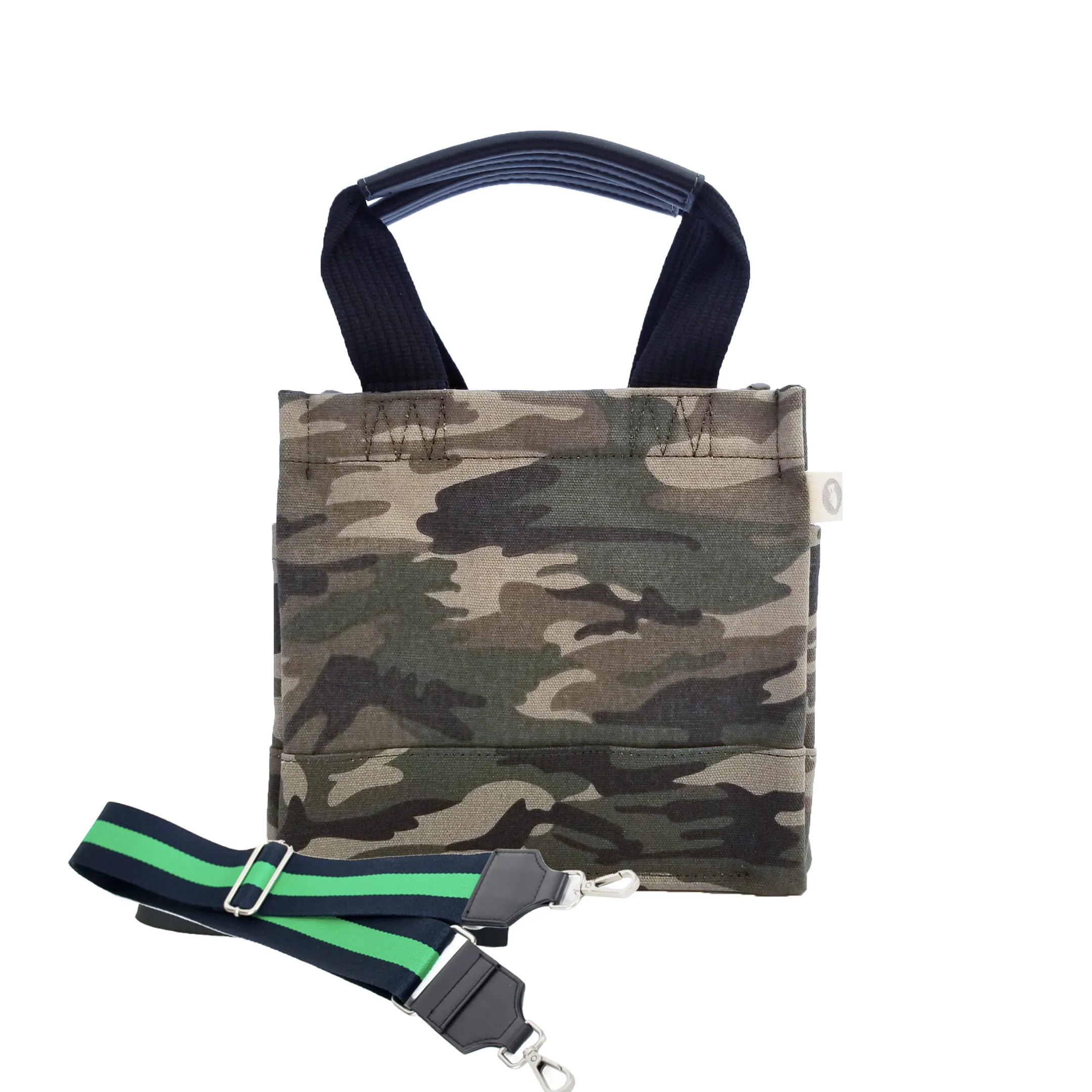 Mini Luxe North South Bag: Green Camouflage with Color Stripes