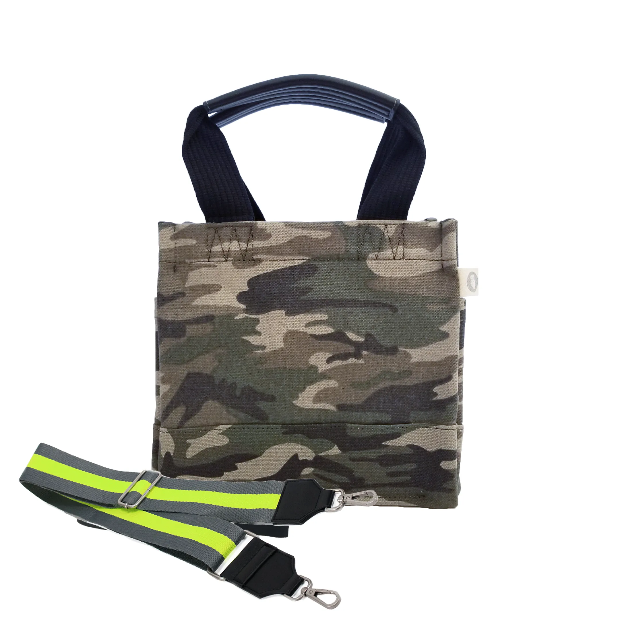 Mini Luxe North South Bag: Green Camouflage with Color Stripes
