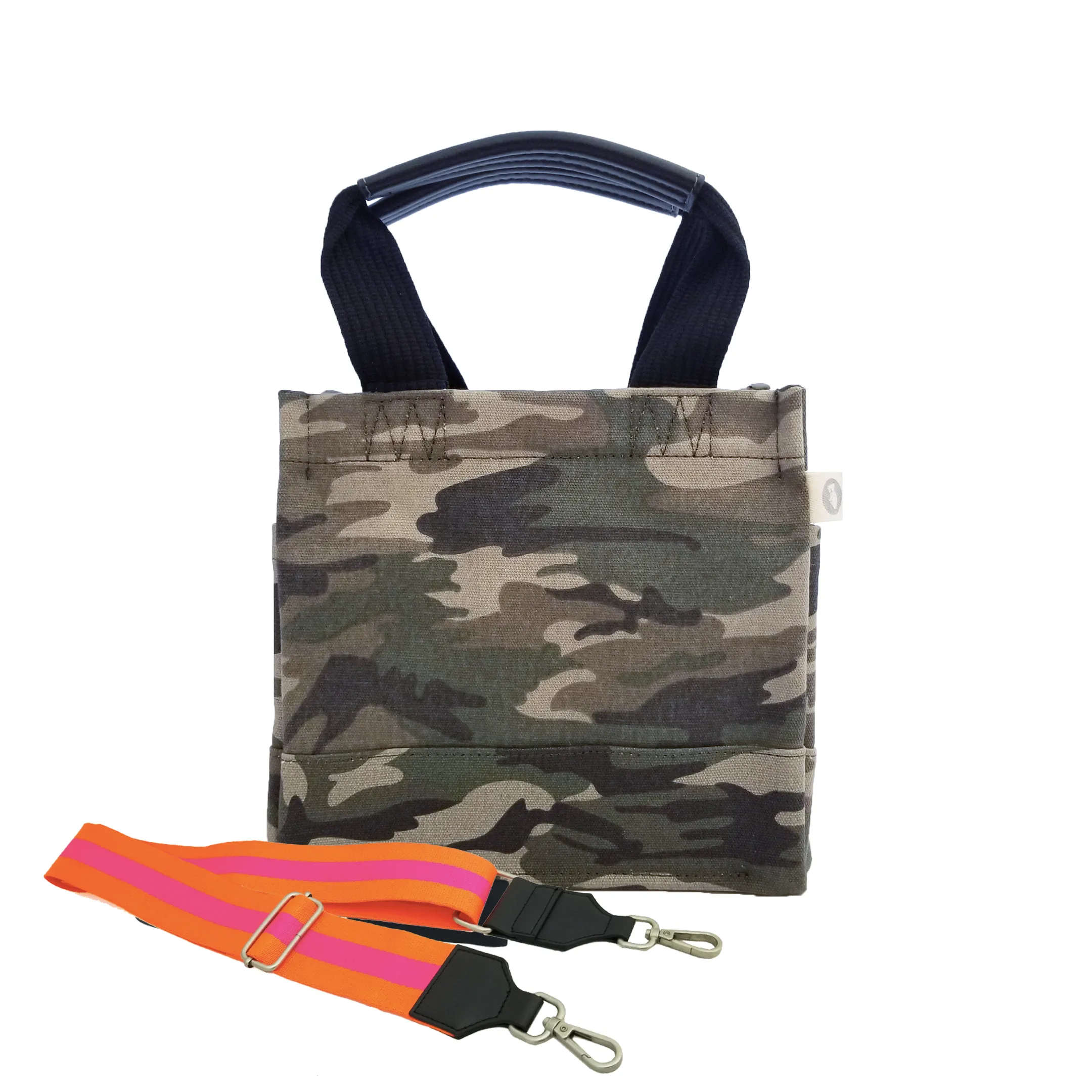 Mini Luxe North South Bag: Green Camouflage with Color Stripes
