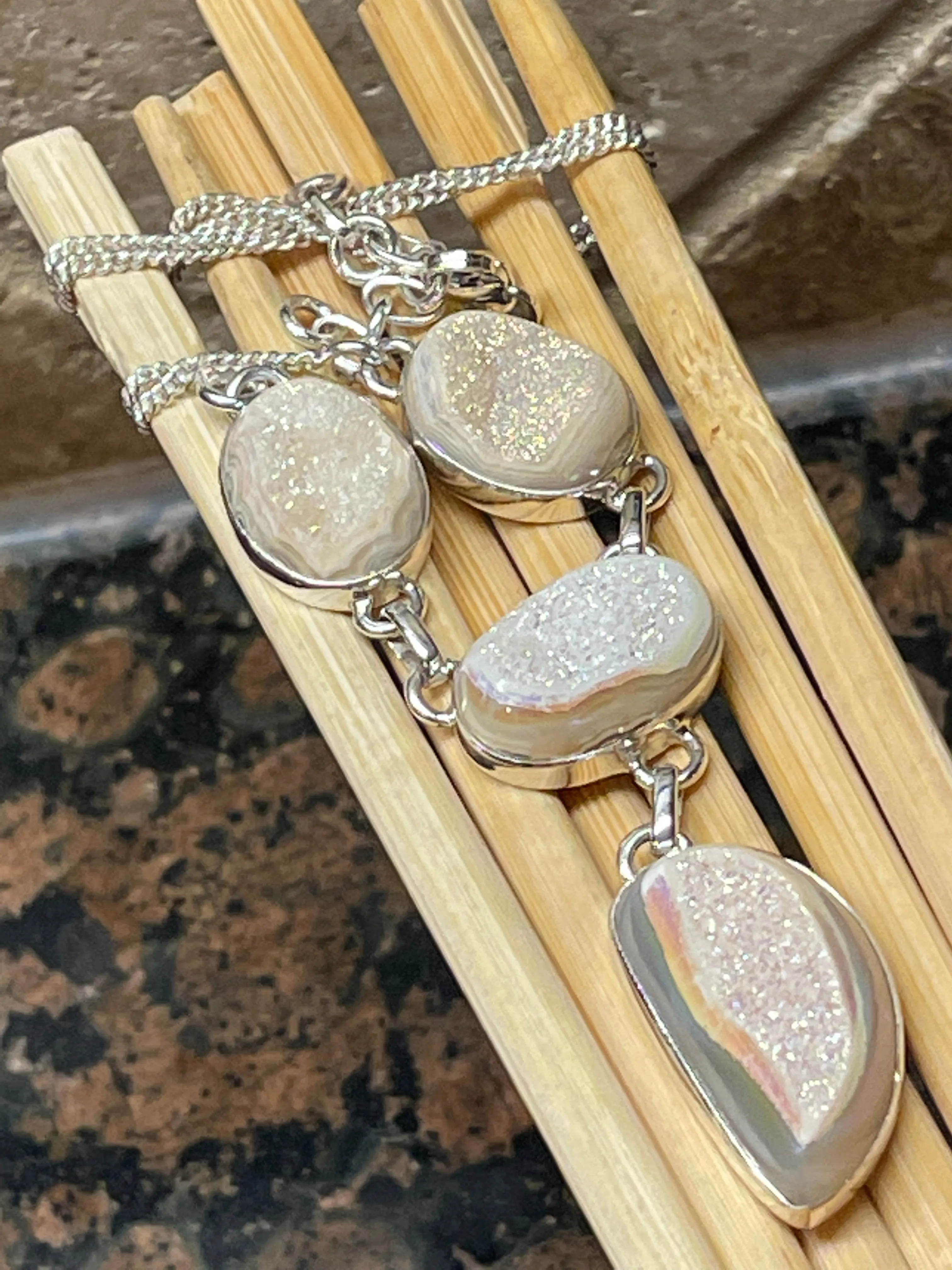 Natural Pearl Window Druzy 925 Solid Sterling Silver Cluster Necklace 18"