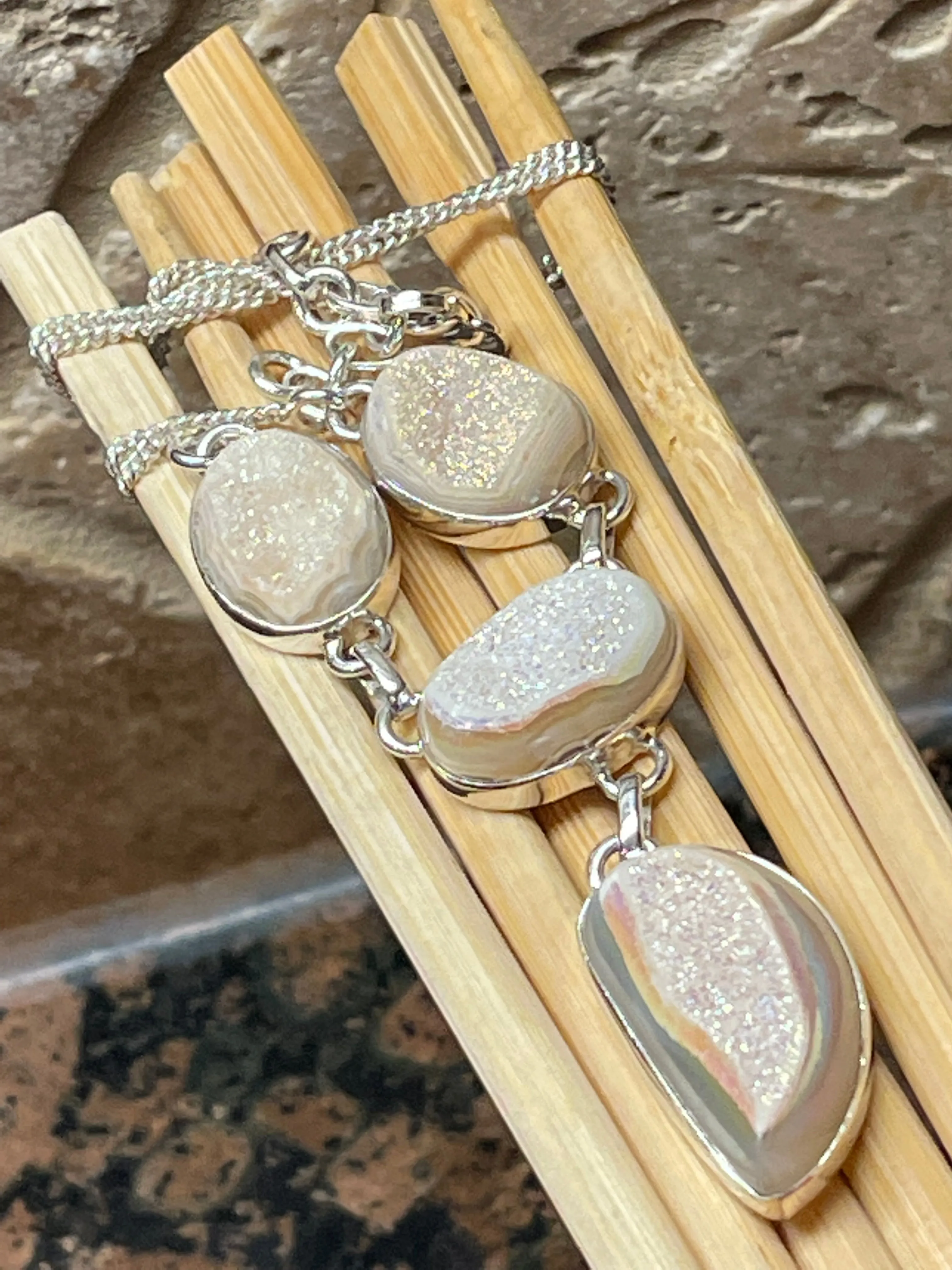 Natural Pearl Window Druzy 925 Solid Sterling Silver Cluster Necklace 18"