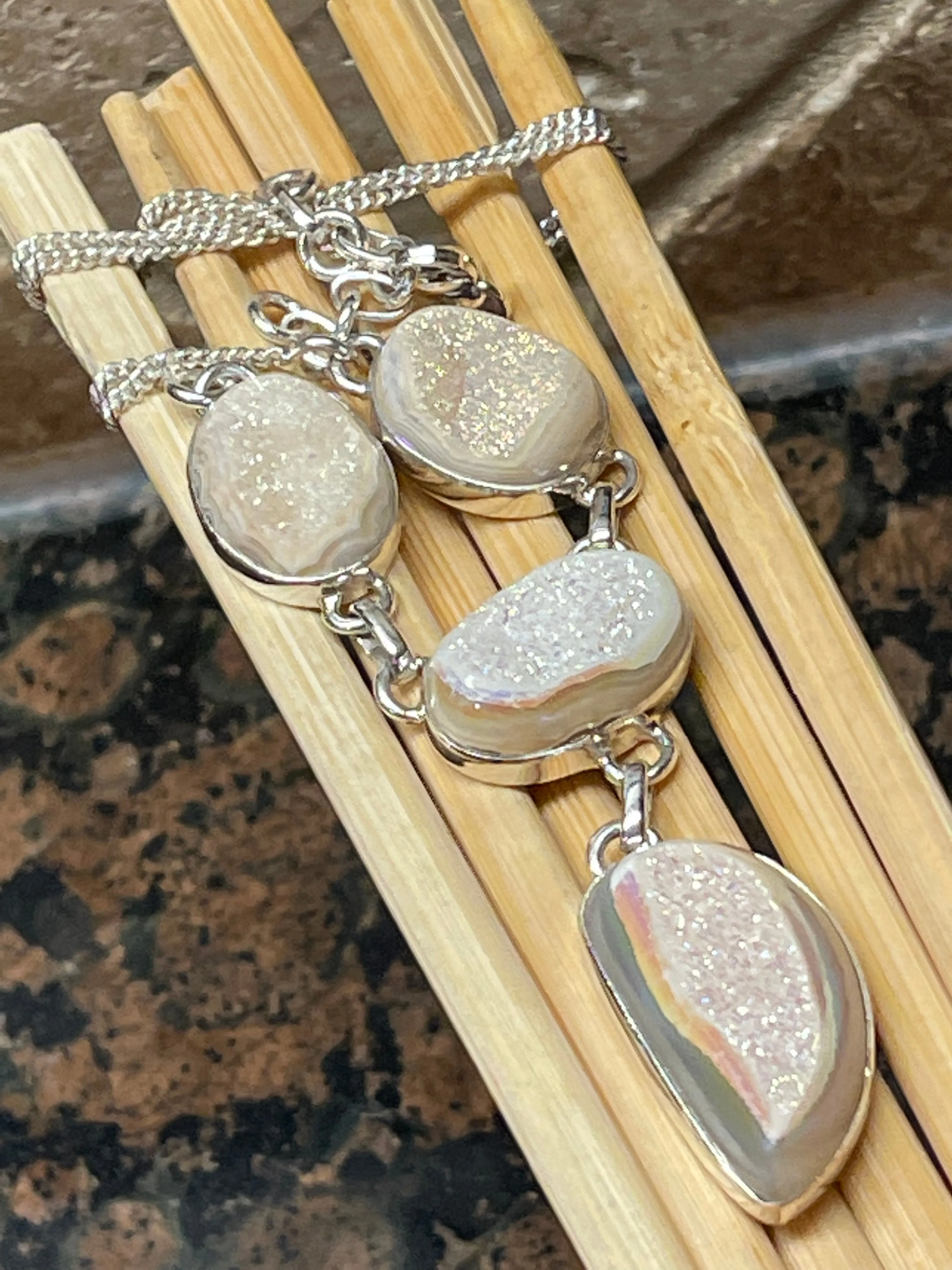Natural Pearl Window Druzy 925 Solid Sterling Silver Cluster Necklace 18"