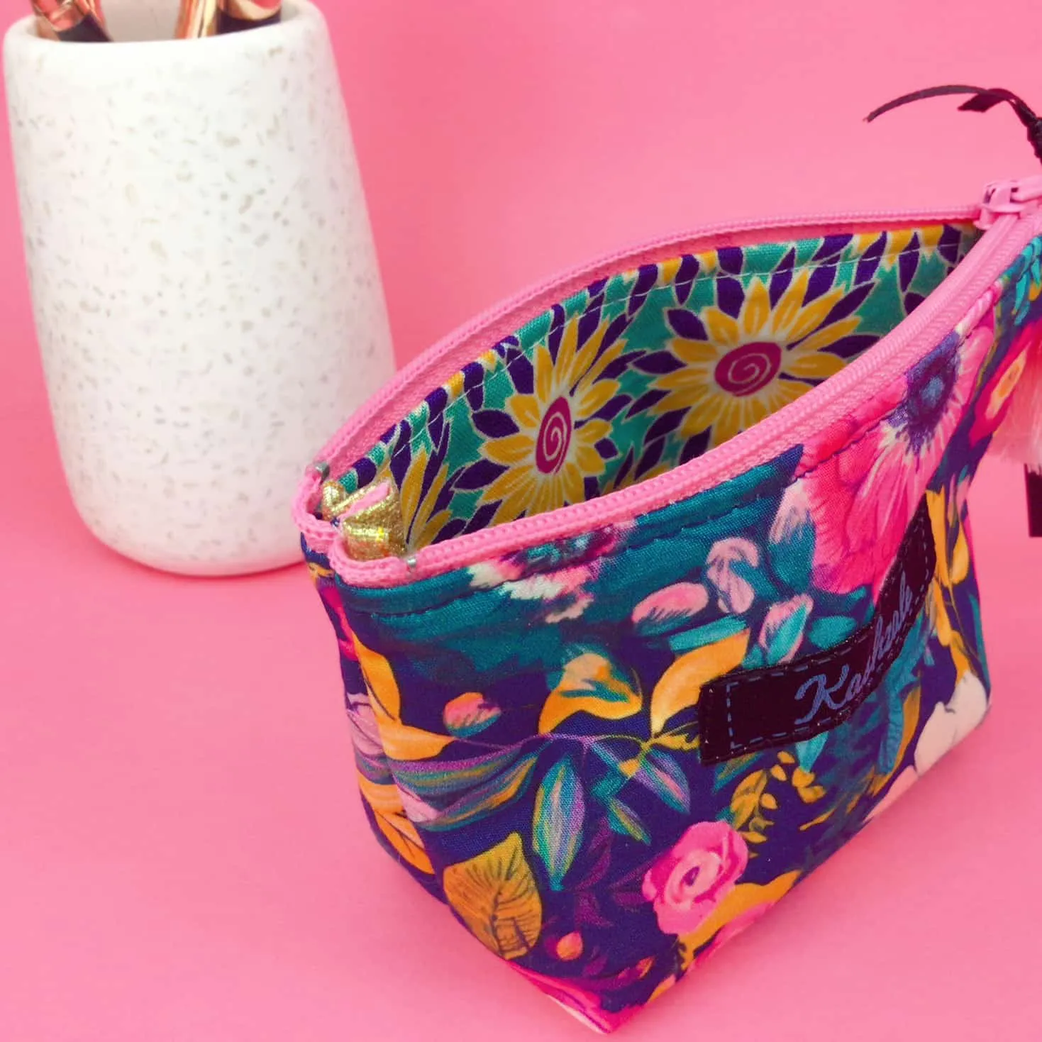 Navy and Pink Floral Small Makeup Bag.