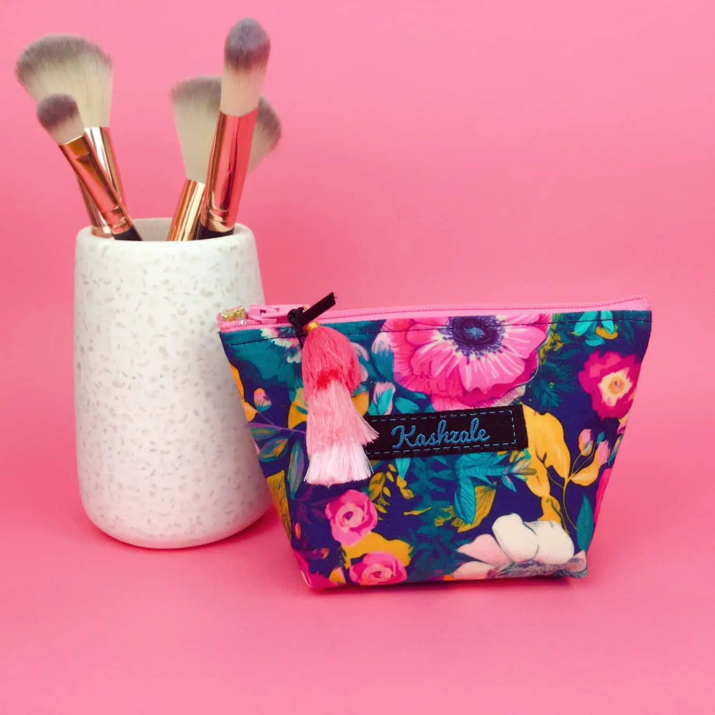 Navy and Pink Floral Small Makeup Bag.
