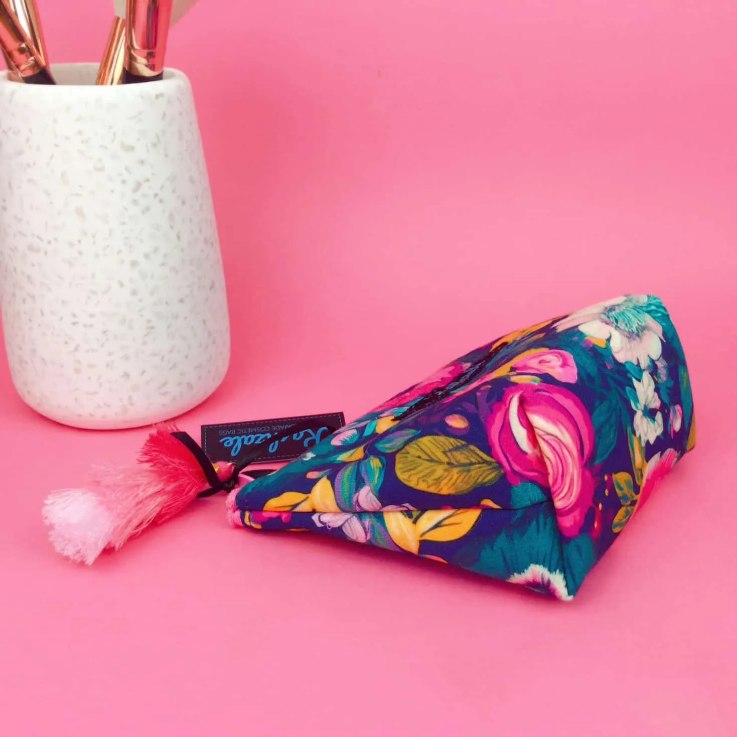 Navy and Pink Floral Small Makeup Bag.