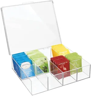 New mDesign Tea Storage Organizer Box - 8 Divided Sections, Easy-View Hinged Lid - Use in Kitchen, Pantry, and Cabinets; Holder for Tea Bags, Packets, Small Items and Accessories, BPA Free - Clear! Retails $57 