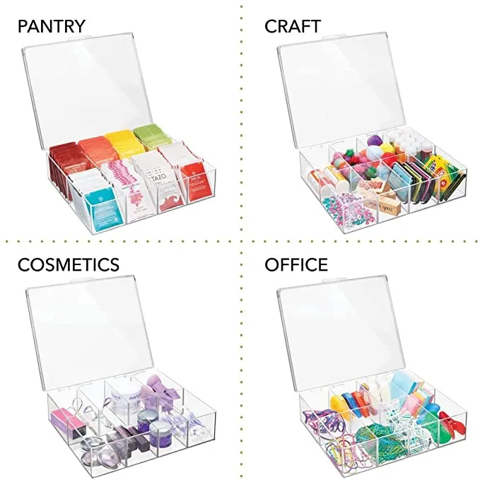 New mDesign Tea Storage Organizer Box - 8 Divided Sections, Easy-View Hinged Lid - Use in Kitchen, Pantry, and Cabinets; Holder for Tea Bags, Packets, Small Items and Accessories, BPA Free - Clear! Retails $57 
