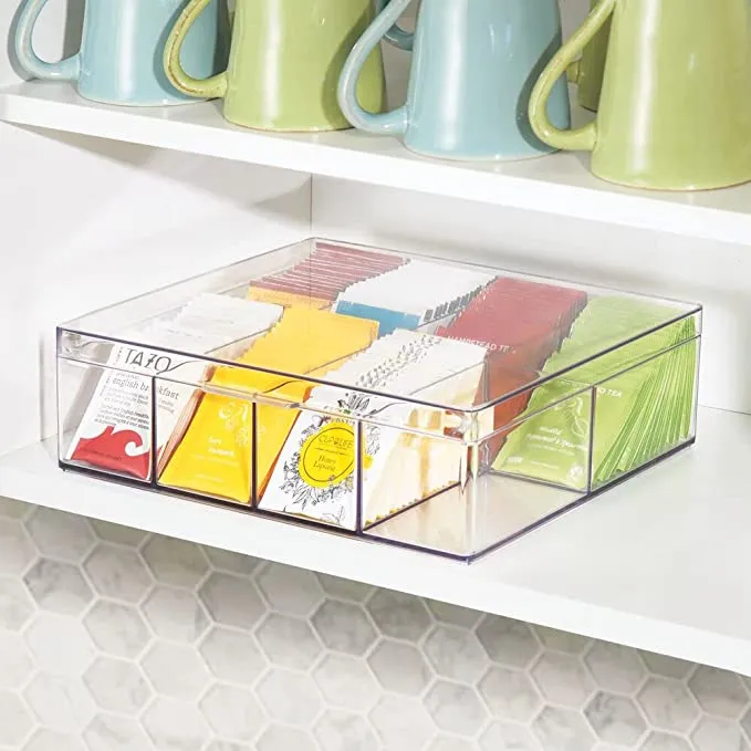 New mDesign Tea Storage Organizer Box - 8 Divided Sections, Easy-View Hinged Lid - Use in Kitchen, Pantry, and Cabinets; Holder for Tea Bags, Packets, Small Items and Accessories, BPA Free - Clear! Retails $57 
